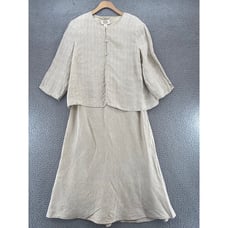 Vintage Talbots Dress Womens 16 Petite Beige Linen 3/4 Sleeve Jacket A Line Knee