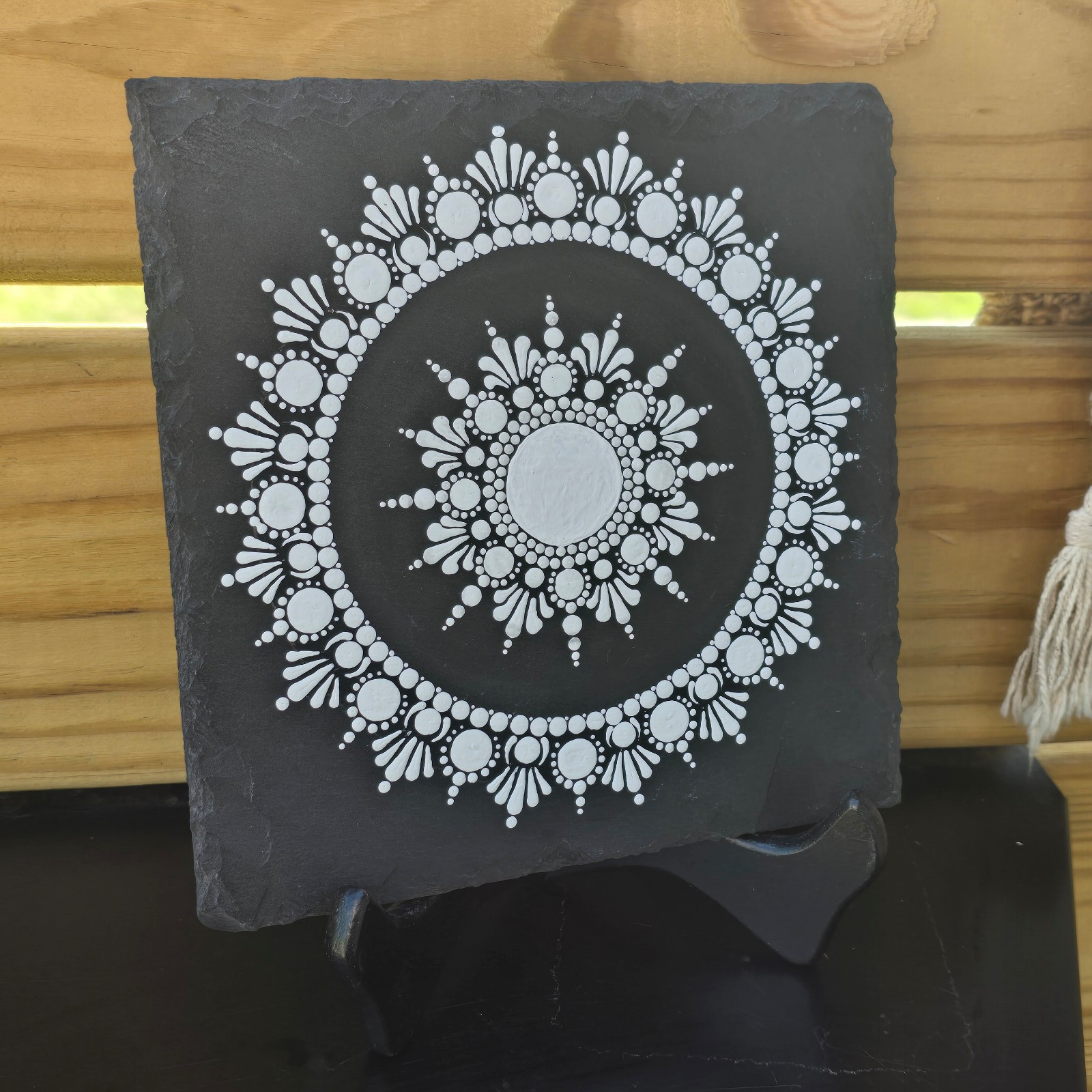 Original Hand-painted Mandala on Slate Tile 8x8 White