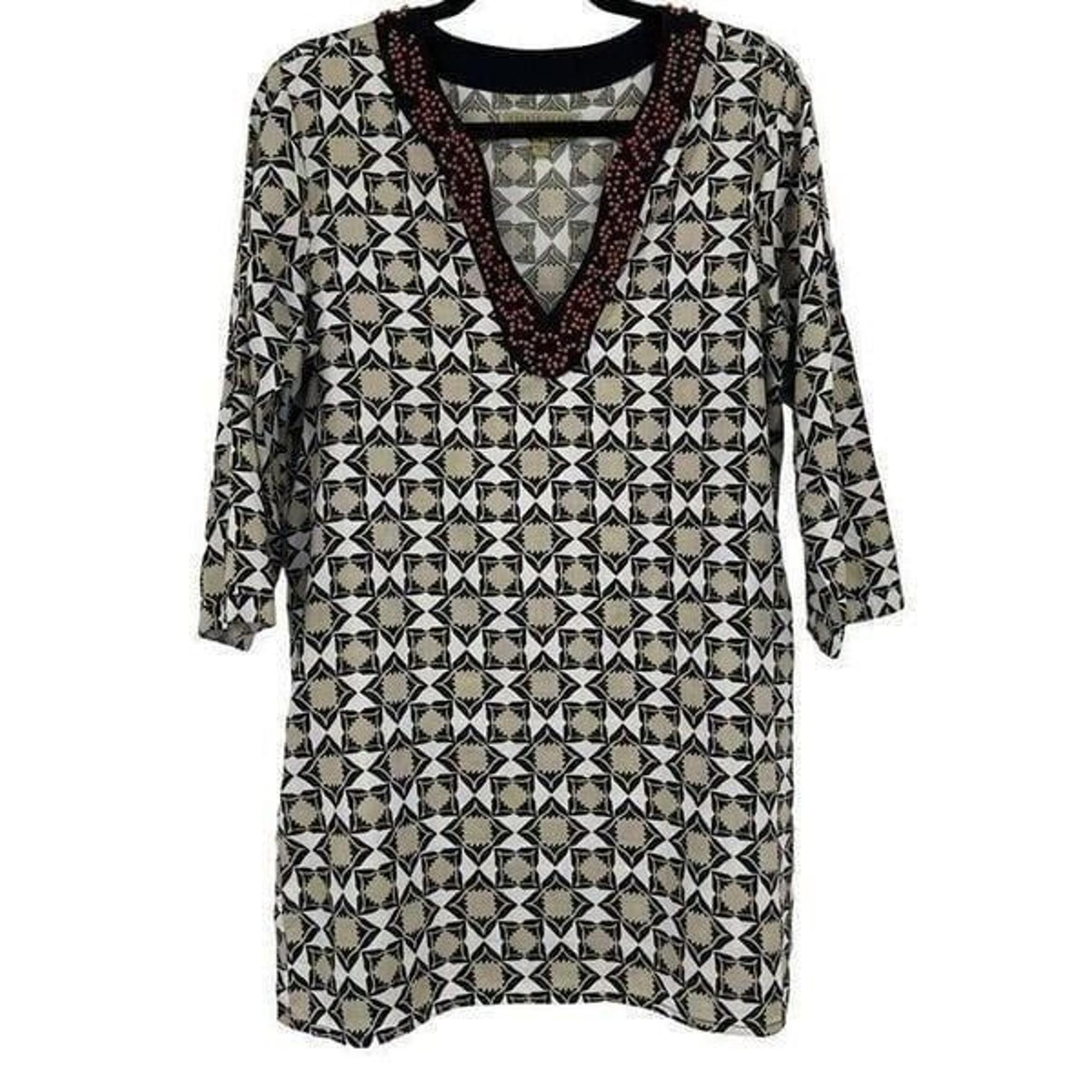 Sigrid Olsen Signature Women’s Beaded Neckline Boho Tunic Top Tan Black Medium