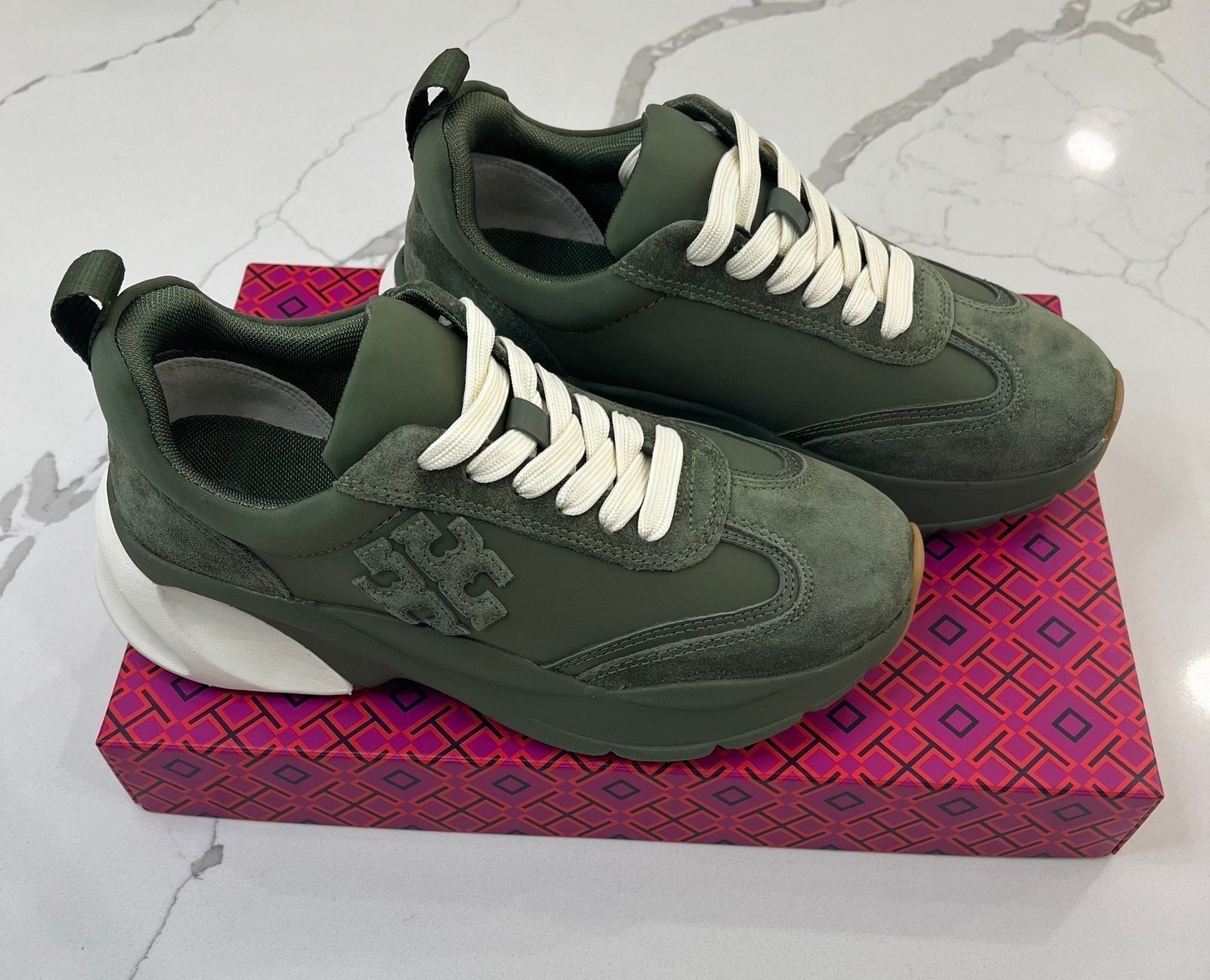 Size 4 - Tory Burch - Good Luck Sneaker - Palm Leaf- Olive Green/Off White