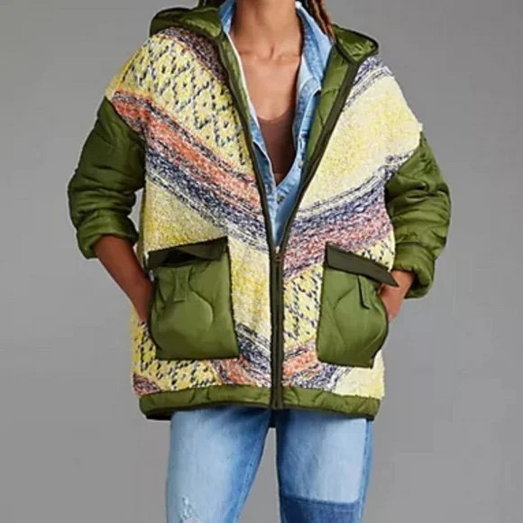 Anthropologie Pilcro XS NWT Knit Quilted Hooded Puffer Coat Jacket Moss Green