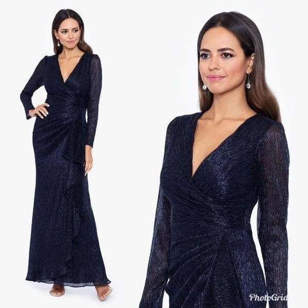 Revolve Betsy & Adam MAGGIE LONG PLEATED METALLIC V-NECK DRESS 8 Petite