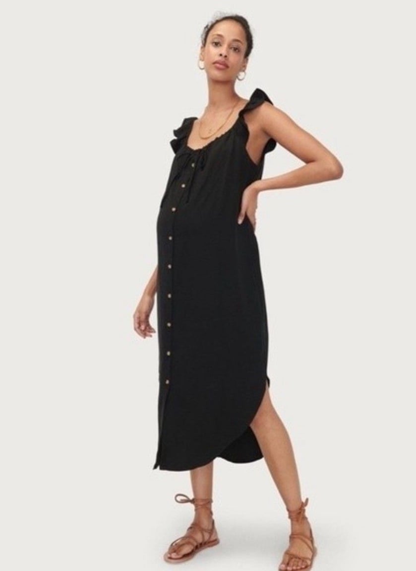 Hatch Collection Jenna Ruffle Button Front Black Maternity Midi Dress Size 0
