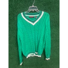 Preppy Y2K Green & White John Ashford V Neck Sweater Sz Large Knit Unisex