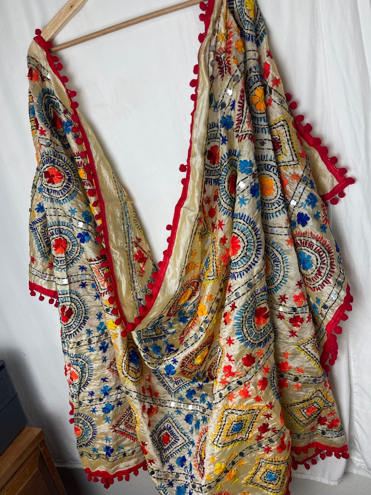 Phulkari dupatta mirror and thread Pom pom scarf long