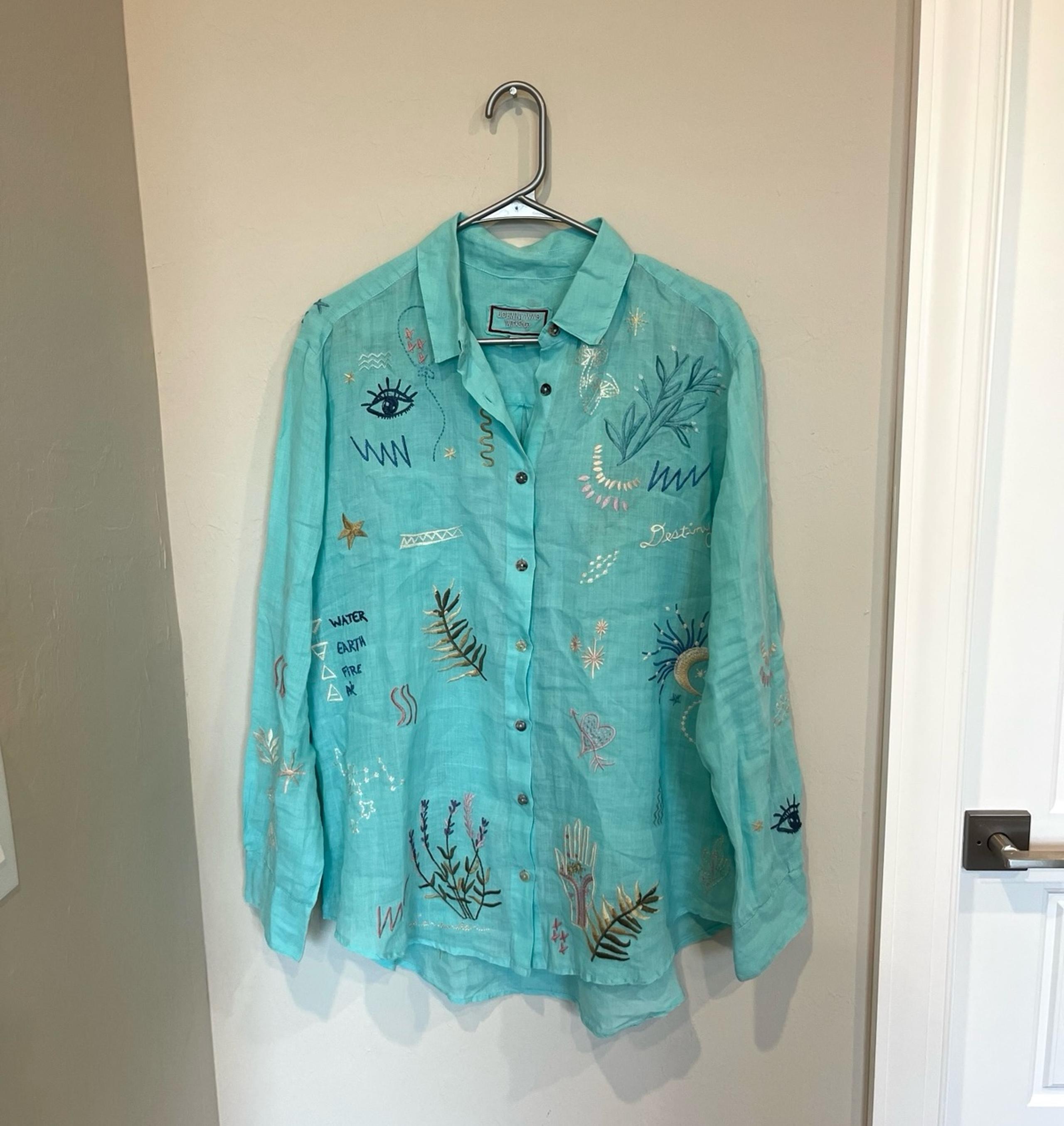 Johnny Was Marine Blue Sezane Oversized Button Down Shirt Size Medium
