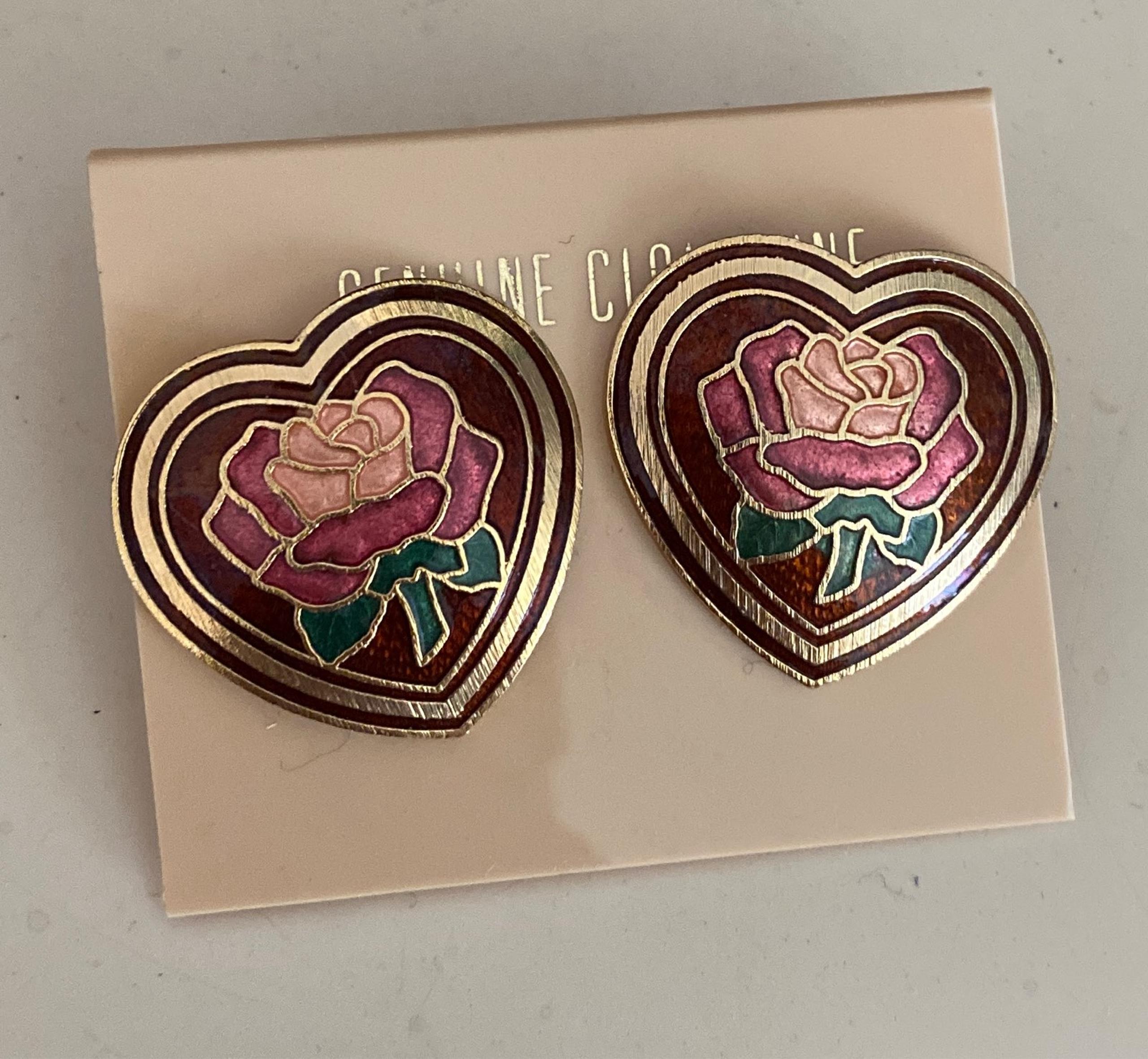 Vintage  Cloisonné Heart Rose Earrings