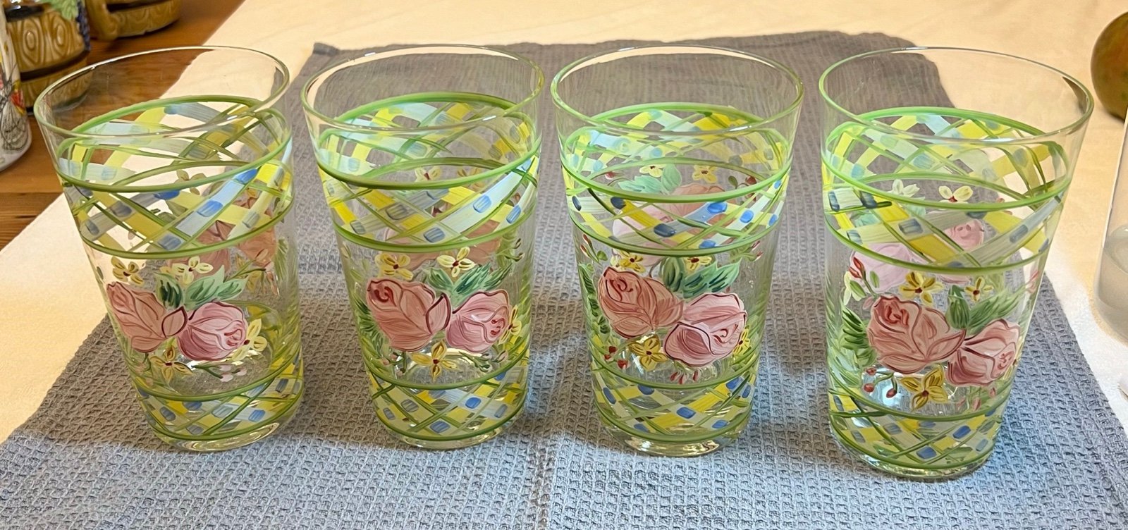 Waverly Masterpiece Garden Room Set of 4 Glass Tumblers 12oz Florals Handpaint