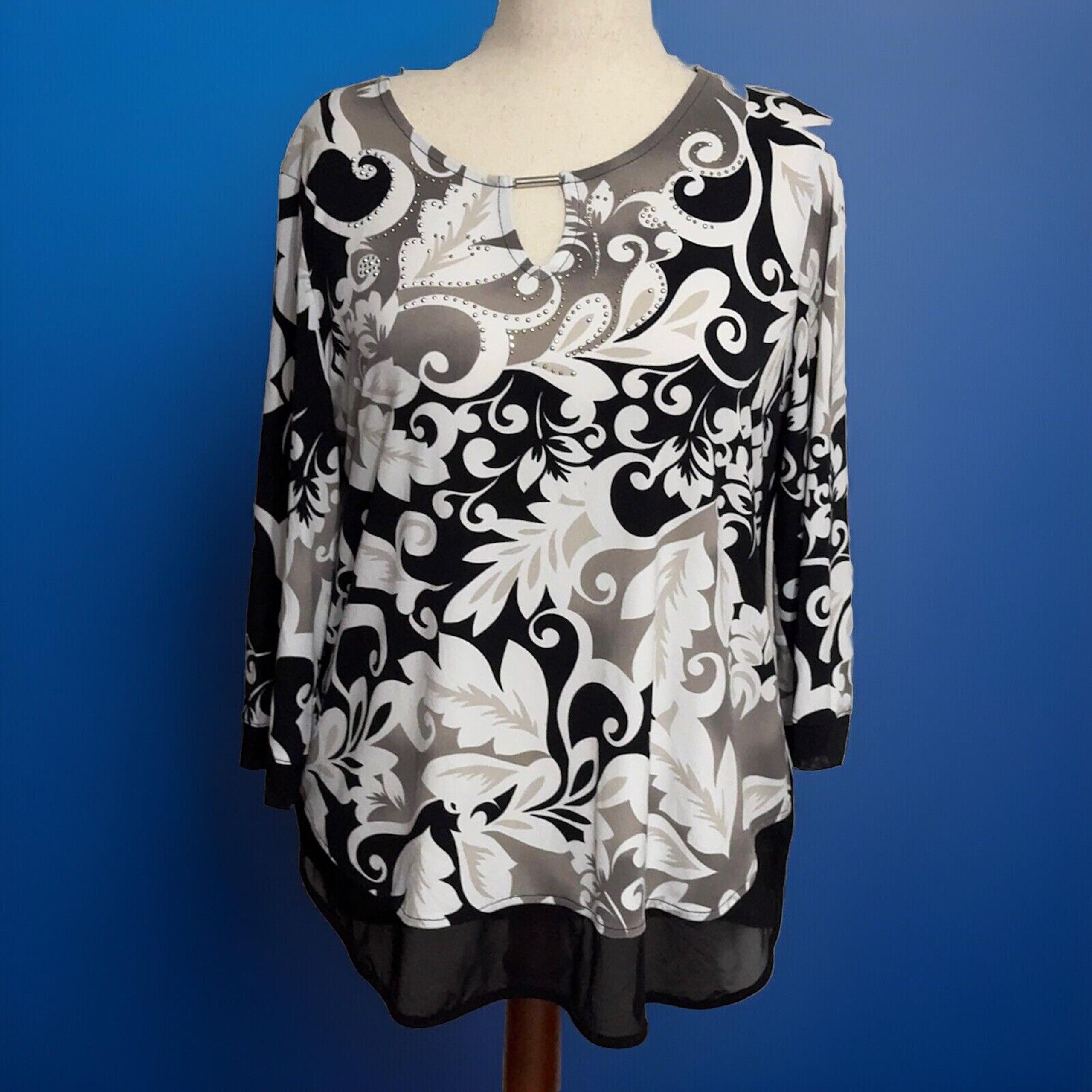 JM Collection 3/4 Sleeve Pullover Blouse Black White Tan Embellished Size XL