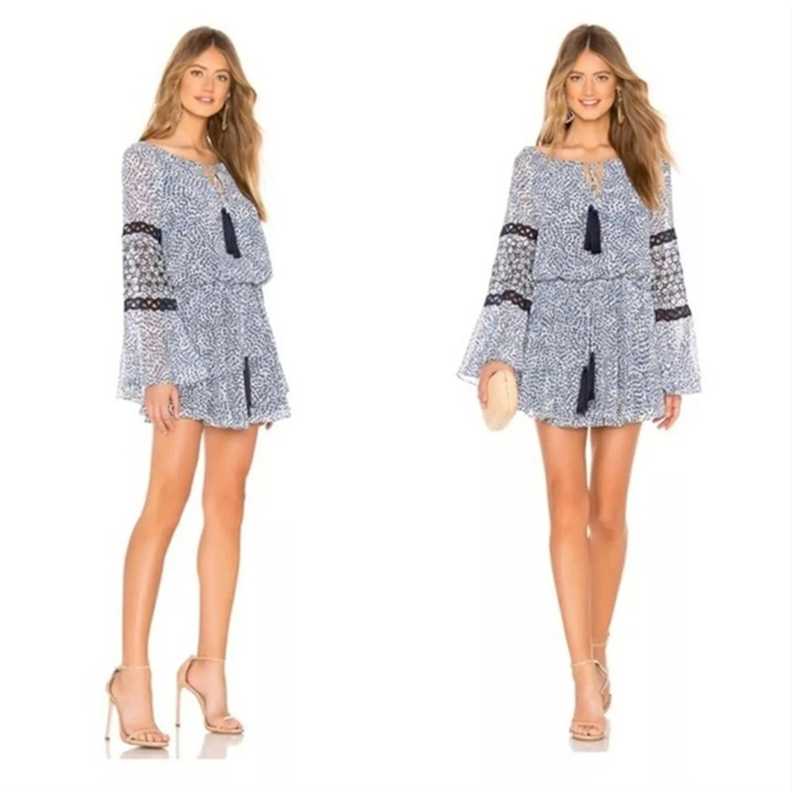 Alexis Lanelle Flowy Mini Dress Embroidered Bell Sleeves Tassel Blue Size Small