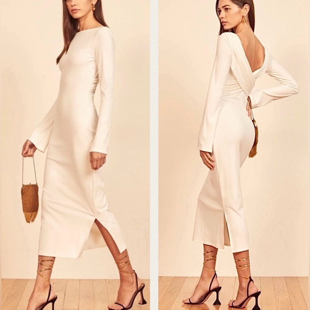 Reformation Nessa Dress Size M White Elegant Old Money Ribbed High Neck Modest