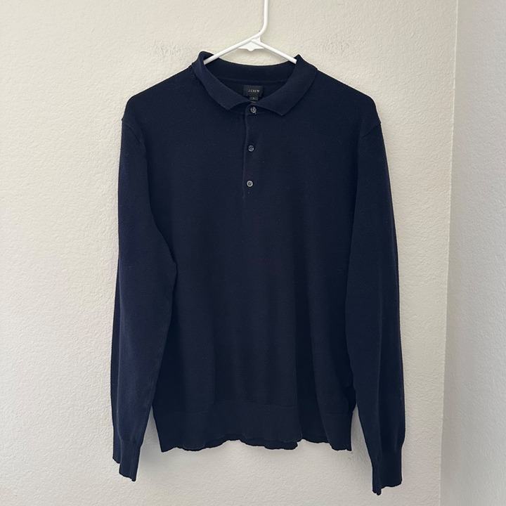 J. Crew Polo Knit Shirt Collar Button Placket Long Sleeve Cashmere Blend Navy L