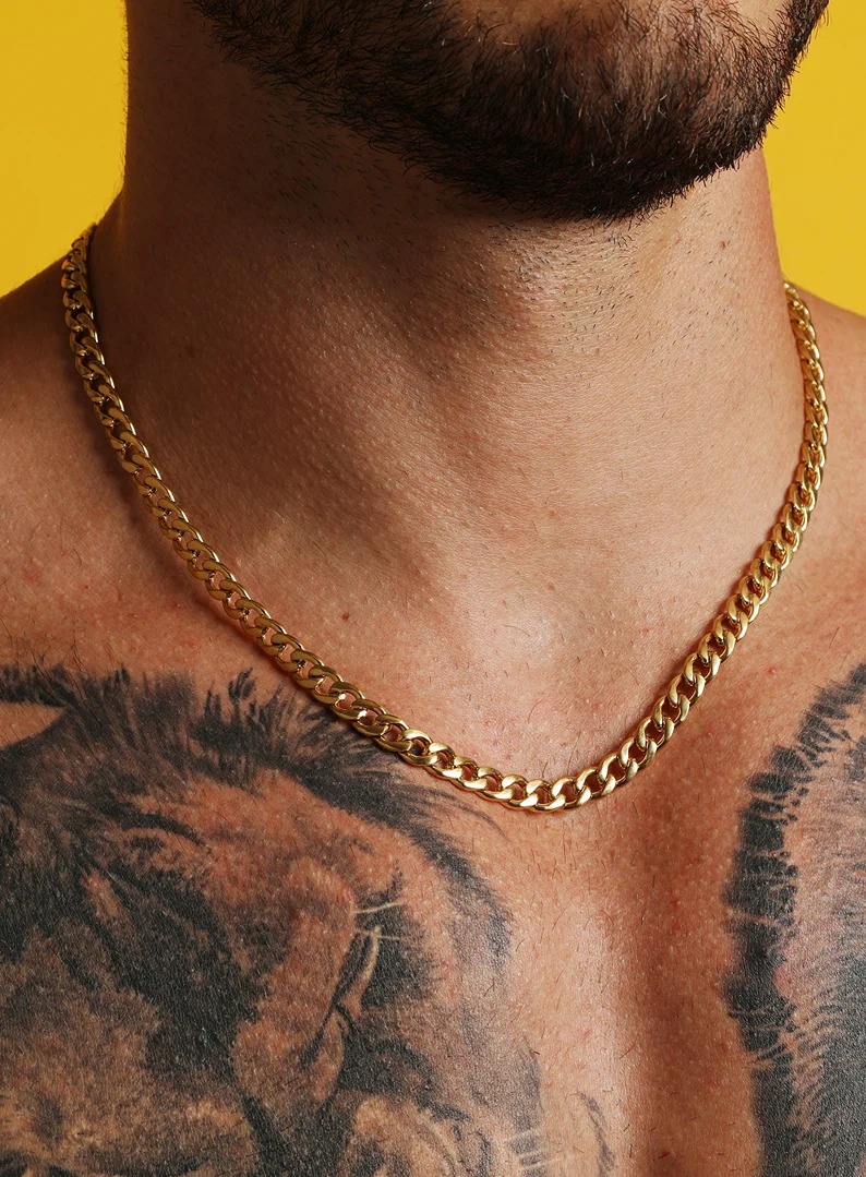 7mm gold curb chain necklace for Men / Mens Jewelry Gold Chains / 14k gold plate