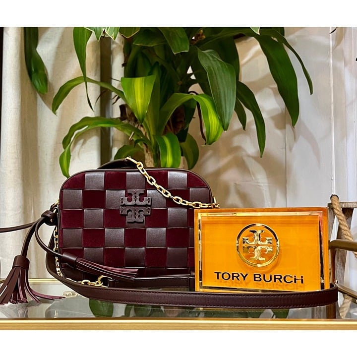 ♦️♦️ TORY BURCH AUTHENTIC BURGANDY SUEDE AND LEATHER CHECK MCGRAW HANDBAG ♦️♦️