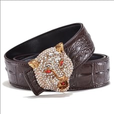 Retro Brown Croco Embossed Leather Belt with Rhinestones Tiger Buckle Size 38-40
