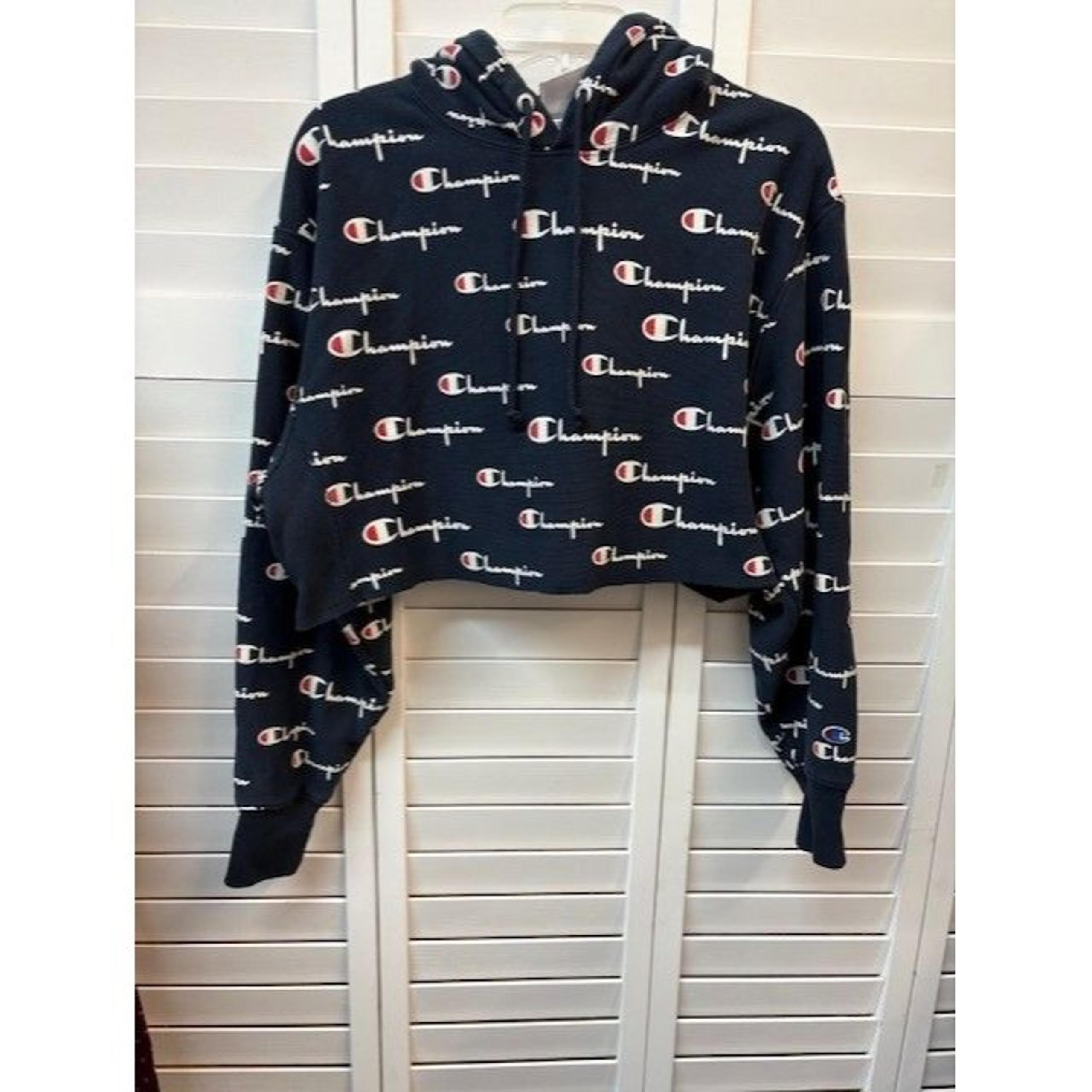Champion Womens Cropped Hoodie Sweatshirt Size L Navy With Logo Print Cotton Ble