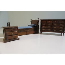 Doll House Furniture 1:12 Bedroom Set Bed Chest Of Drawers Night Stand Brown