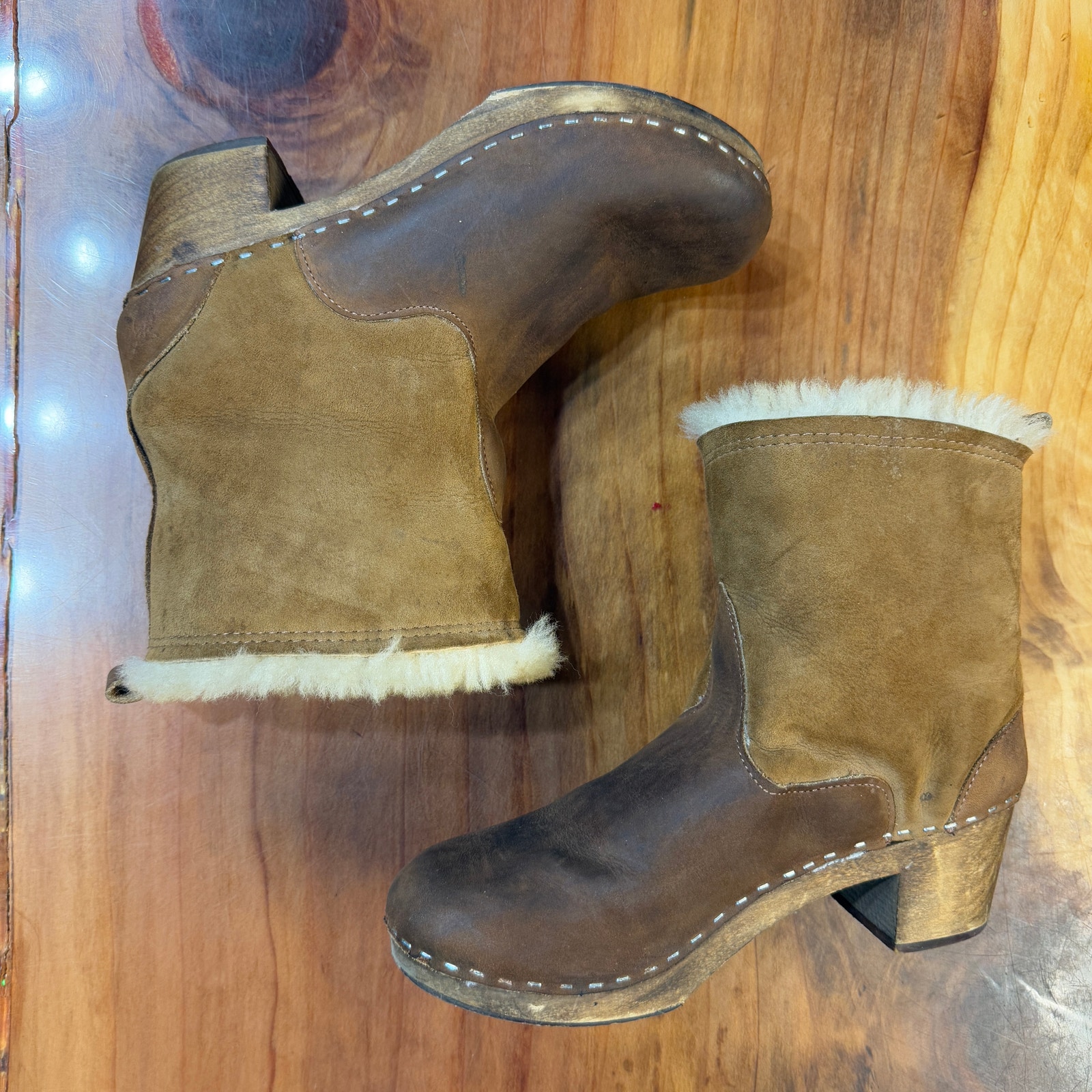 Sandgrens Wooden Clog Boots 41 9 Brown Shearling Fur Suede Leather