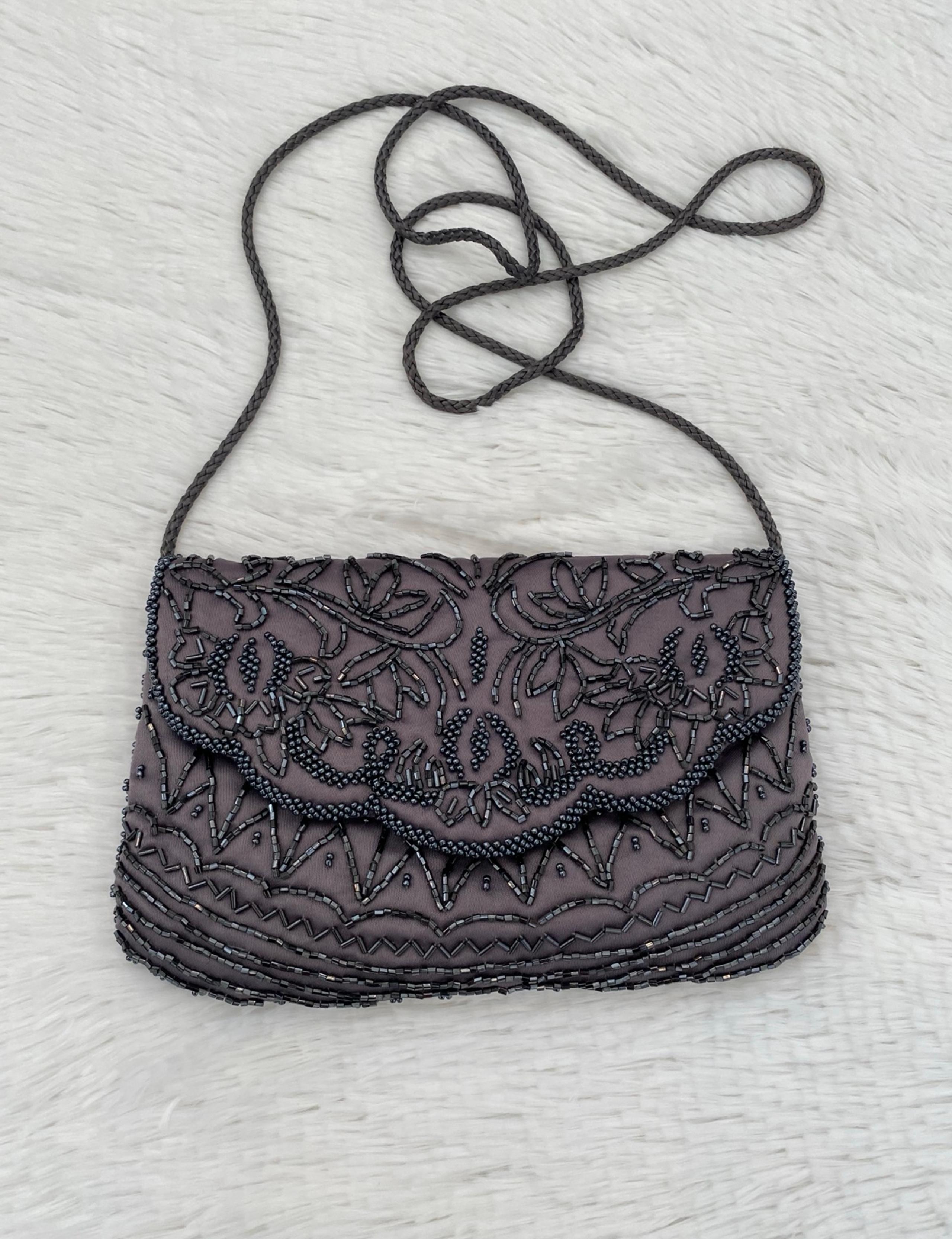 Valerie Stevens Evening Bag Purse Beaded Crossbody Shoulder Bag Hand Made Gray