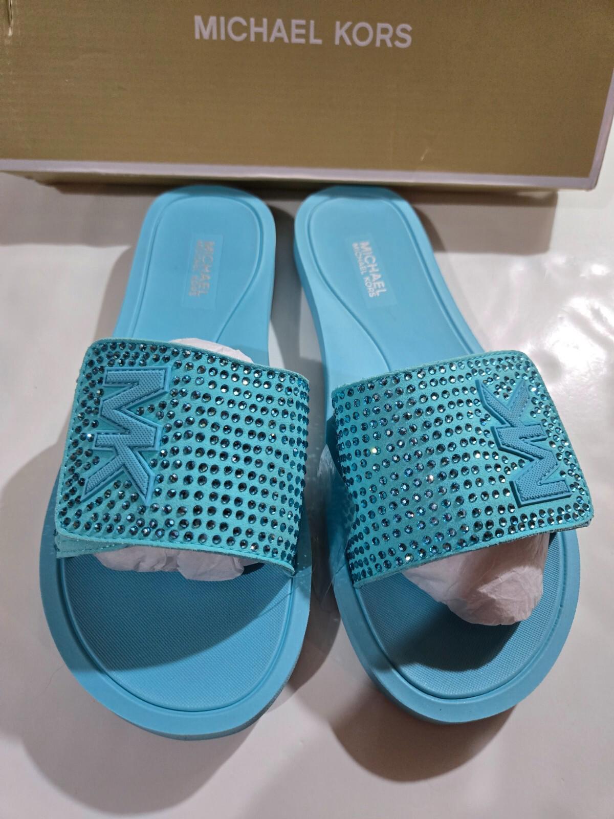 Michael Kors Women's Slide Ocean Blue Rhinestones Suede Hot Fix 7 M NEW in Box