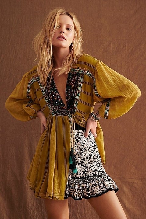 NWT 168 Free People Sabeena Embroidered Beaded Olive Tunic Top Small