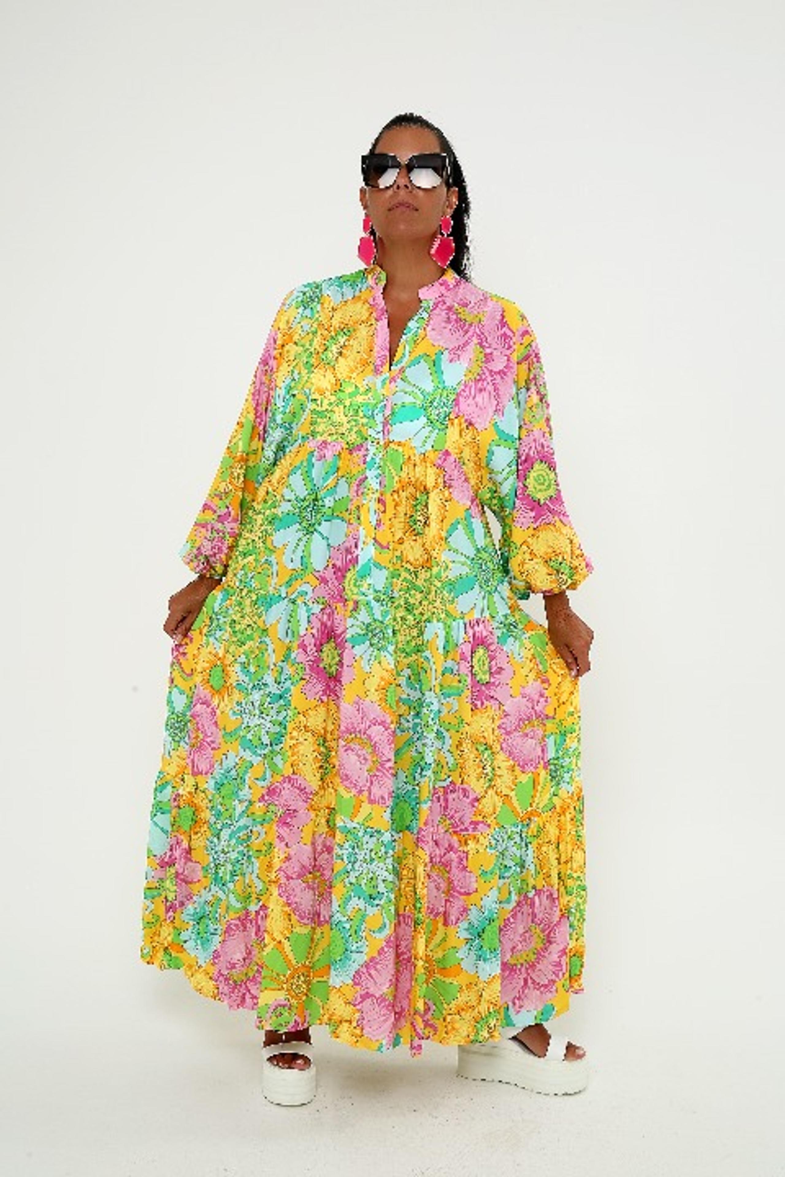Women's Bright Floral Print Maxi Dress - Boho Long Sleeve Viscose, Tiered Design