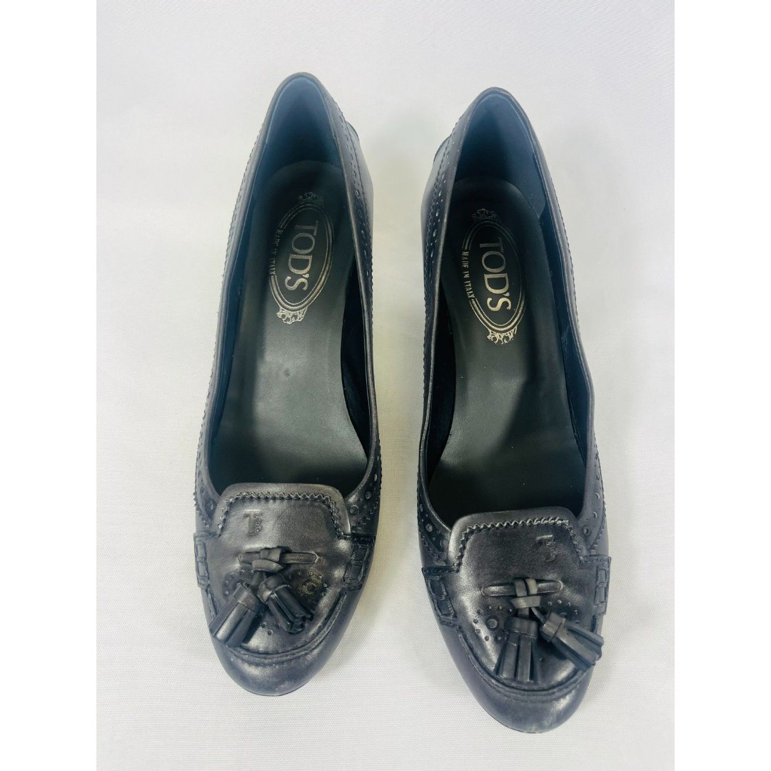 Vintage TODS Charcoal Gray Leather Tassle Logo Kitten Heels 38 7.5 1300