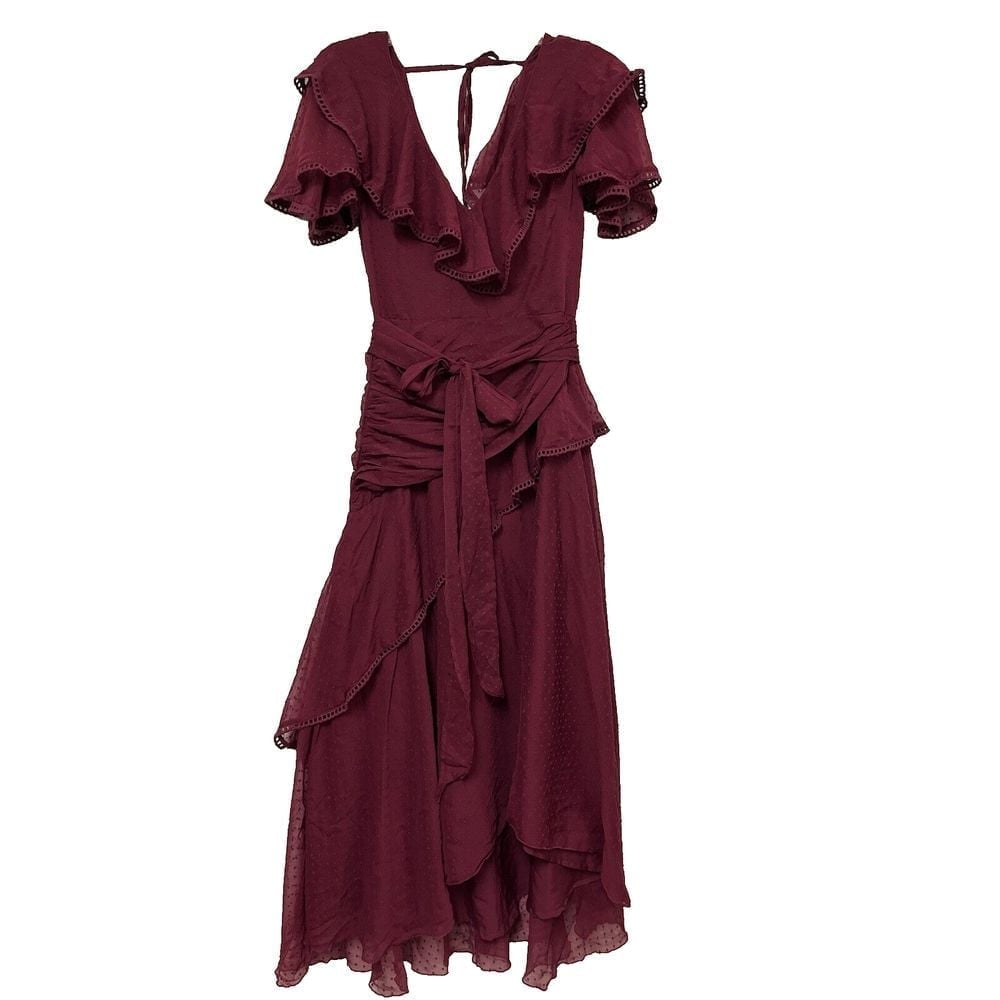 ASOS Design Midi Dress Womens 4 Swiss Dot Ruffles Fairy Whimsigoth Prom Burgundy
