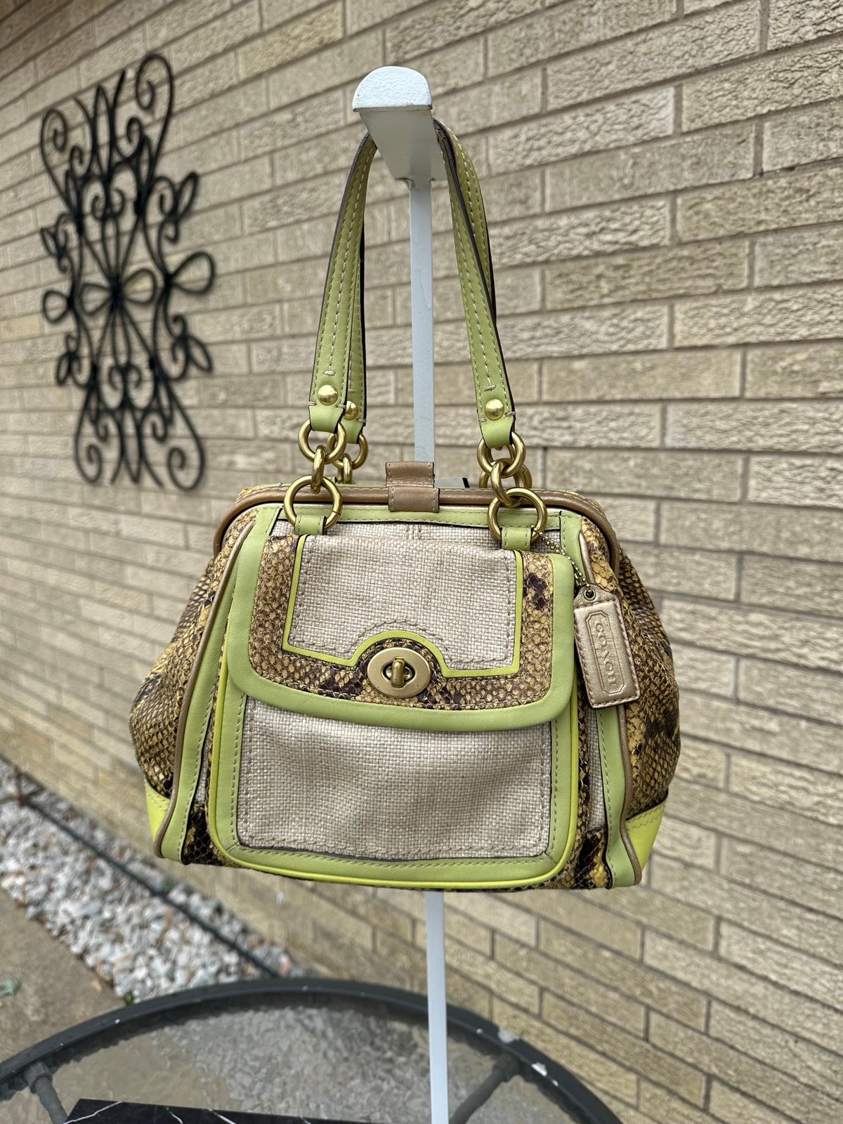 Coach Bonnie Framed Leather Lady Bag 13403 ( Straw & Lime Green Python) Vintage