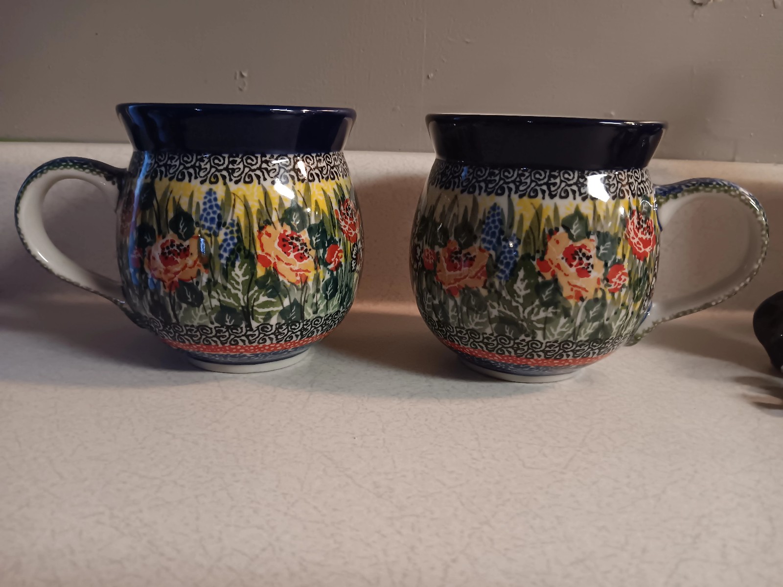 Pair of Handmade Polish Pottery Bubble Mugs
