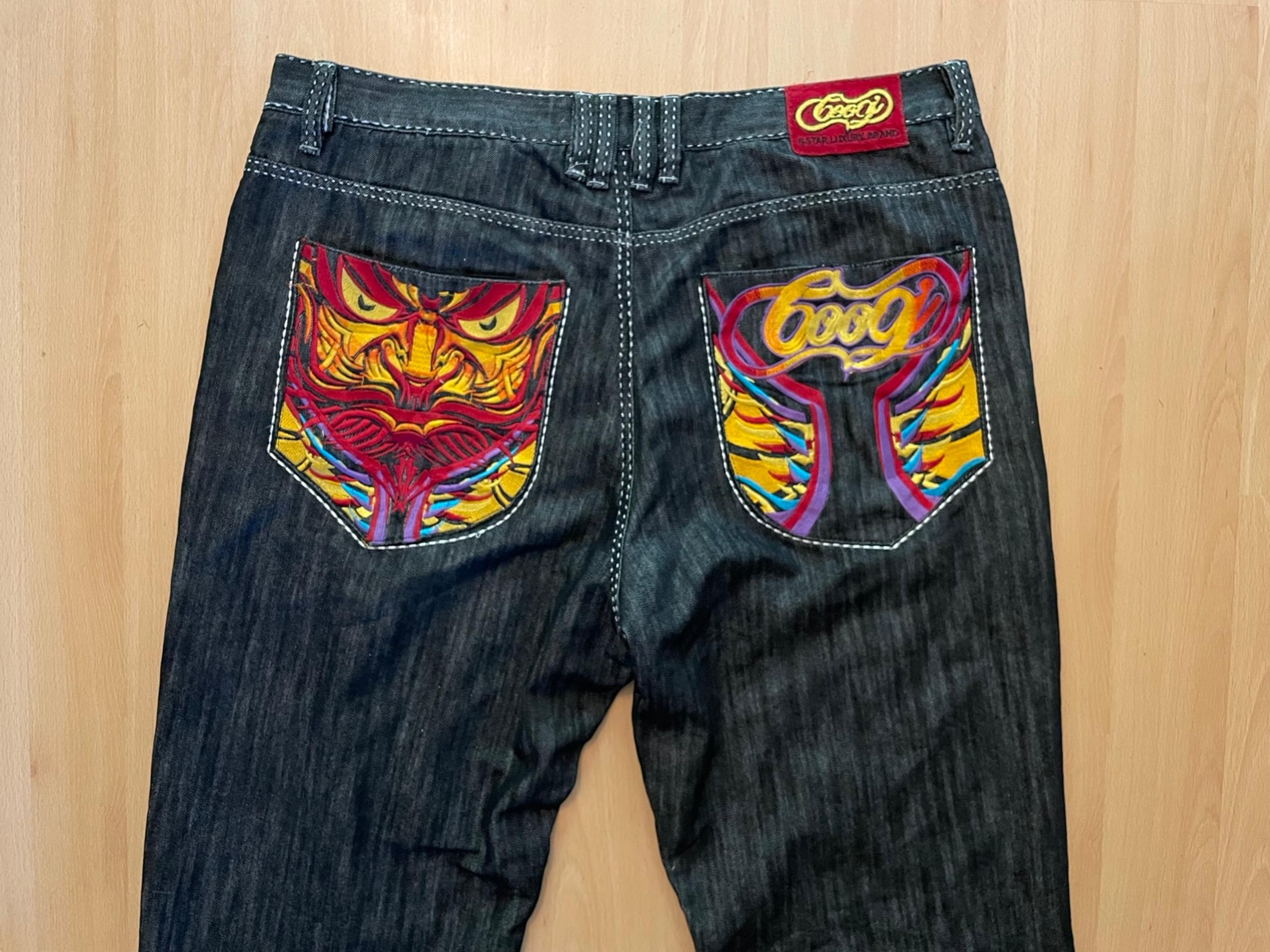 COOGI 42X34 Dark Grey Baggy Embroidered Jeans Y2K Face Graphic Multicolor Logo