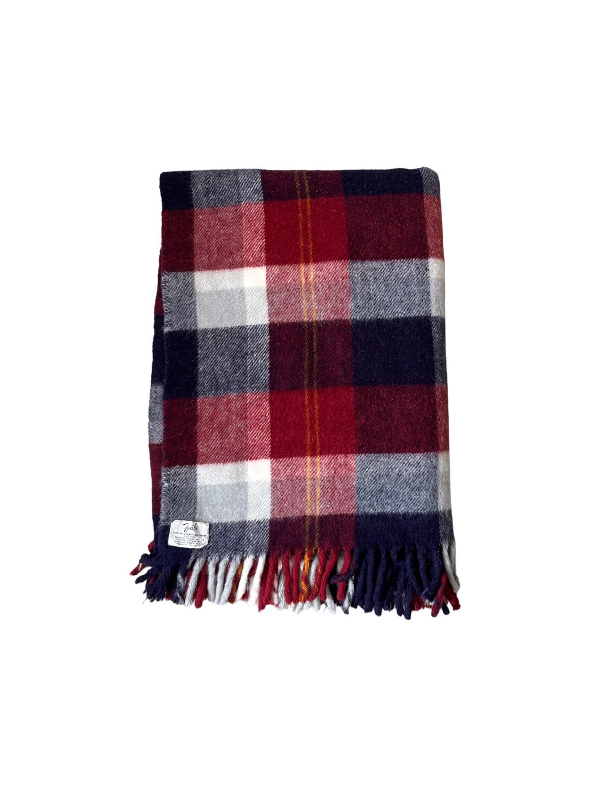 Faribo Blue And Red Plaid Fringed Wool Blanket Made In Faribault Minnesota USA