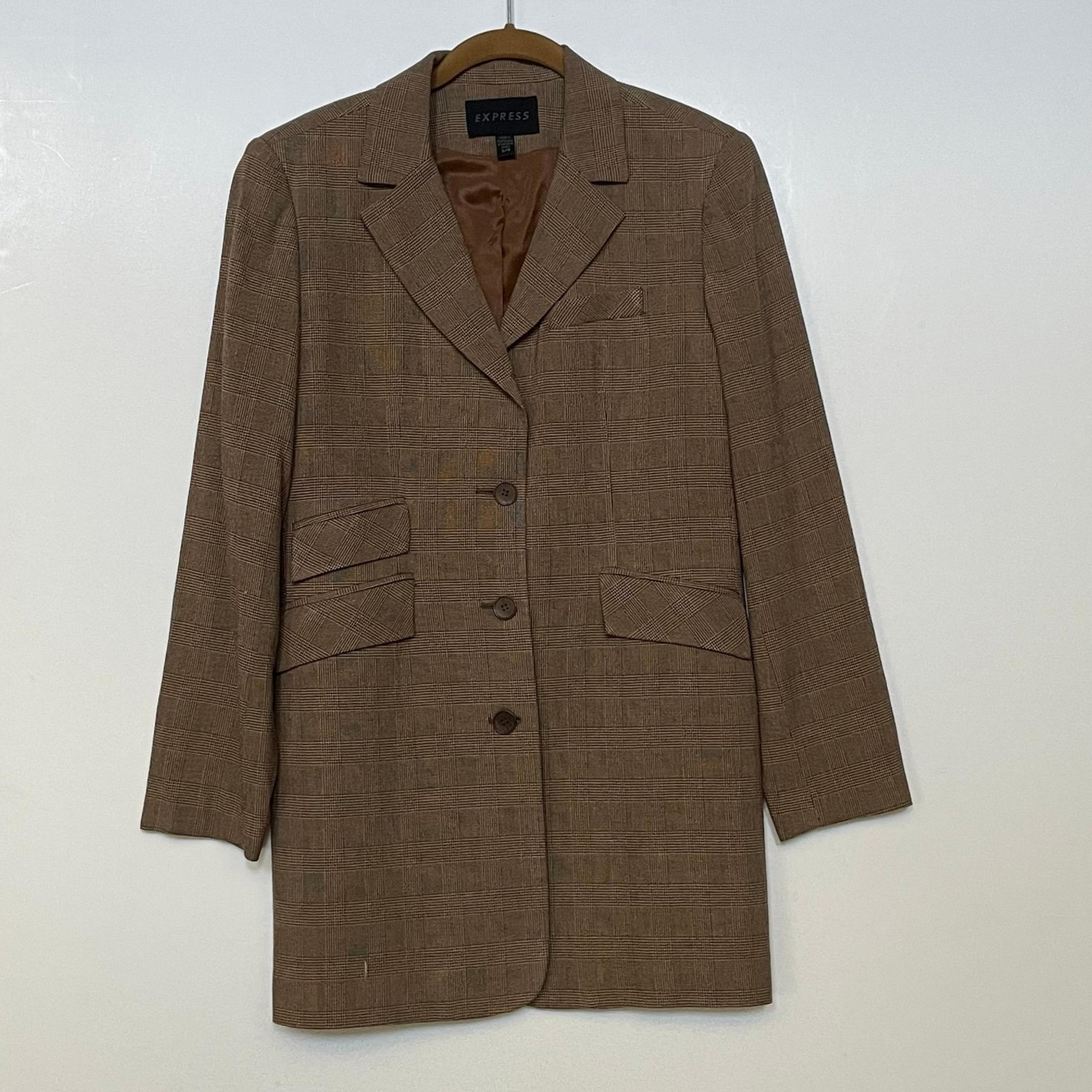 Womens jacket Wool Blend Pea Coat Plaid Brown Size 5/6 Three Buttons - Express