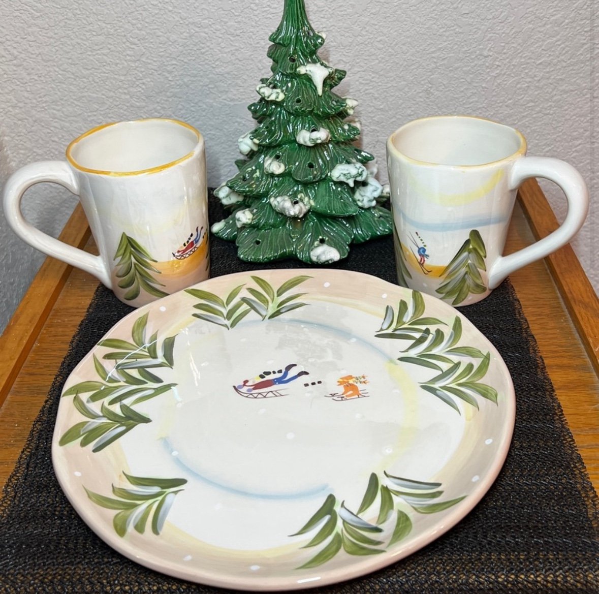 Clay Art 3-PC “Winter Wonderland” Iridescent Pottery Plate Mugs Set Retired