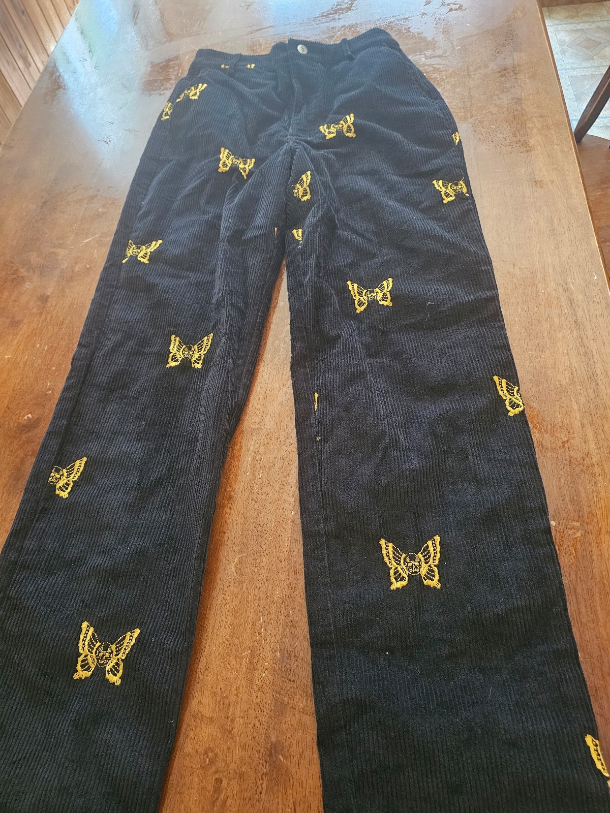 Lurking Class Black Corduroy Pants Size 14 Gold Embroidered Butterfly Skulls