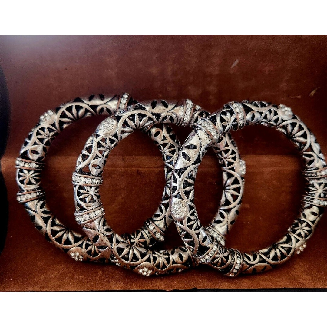 5 Large Silver Filigree Bangles With Czs 3.75 Diameter 1.5 Wide Stone Missing