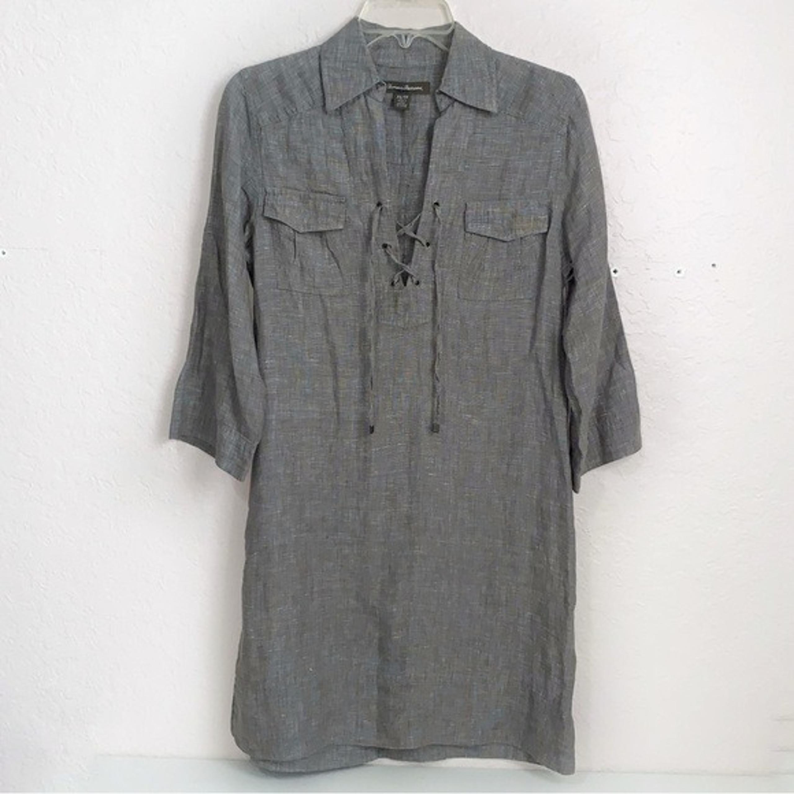Tommy Bahama Linen Dress Womens XS Brown Roll Tab Lace-up Bodice Summer Casual