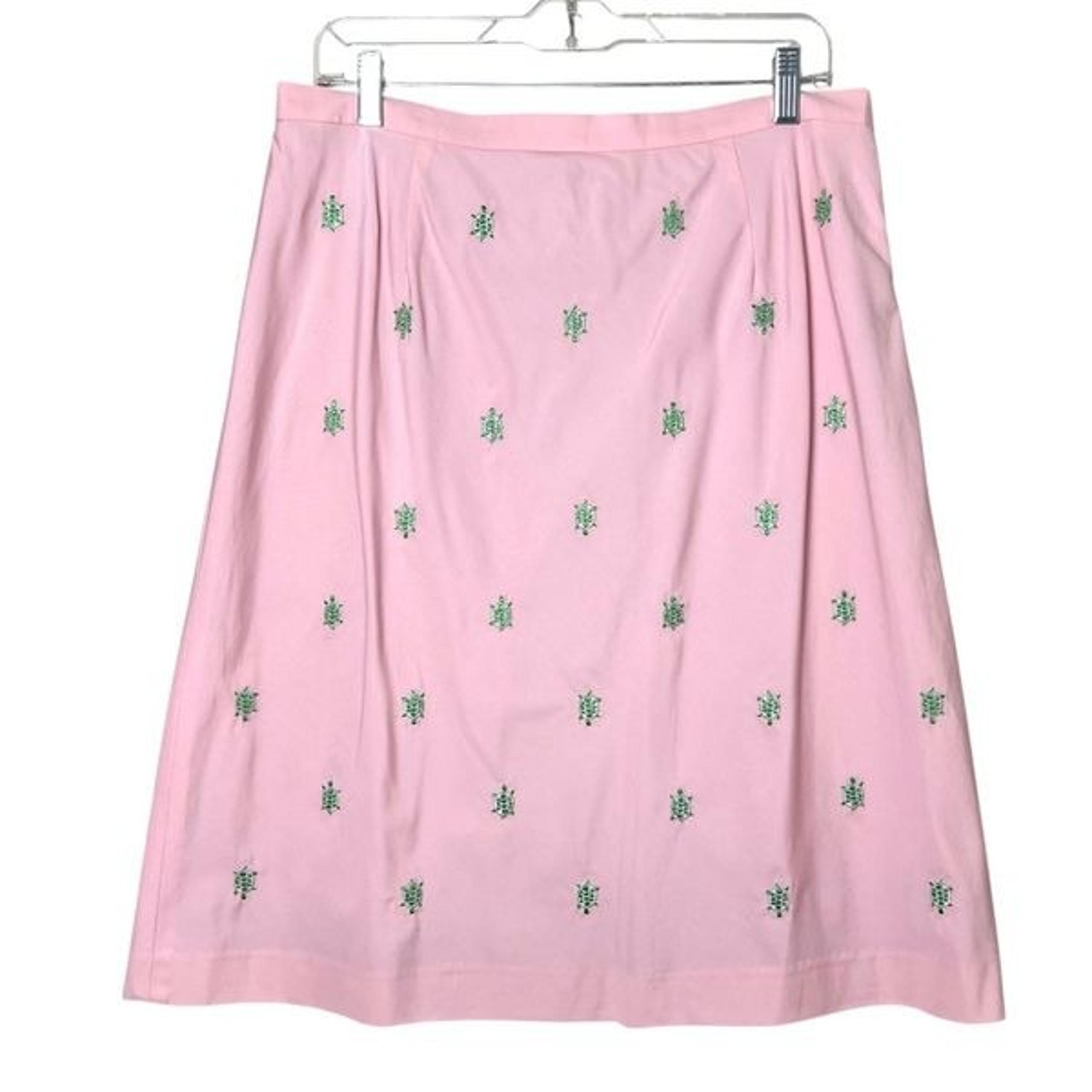 346 Brooks Brothers Pink A-Line Green Turtle Embroidered Midi Length Skirt