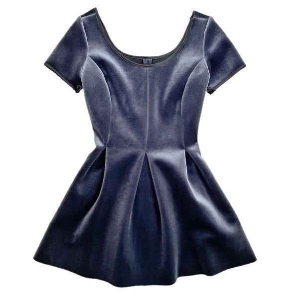 Maje Velvet Mini Flare Swing Dress Tunic Top Pockets Icy Blue Grey 1/XS