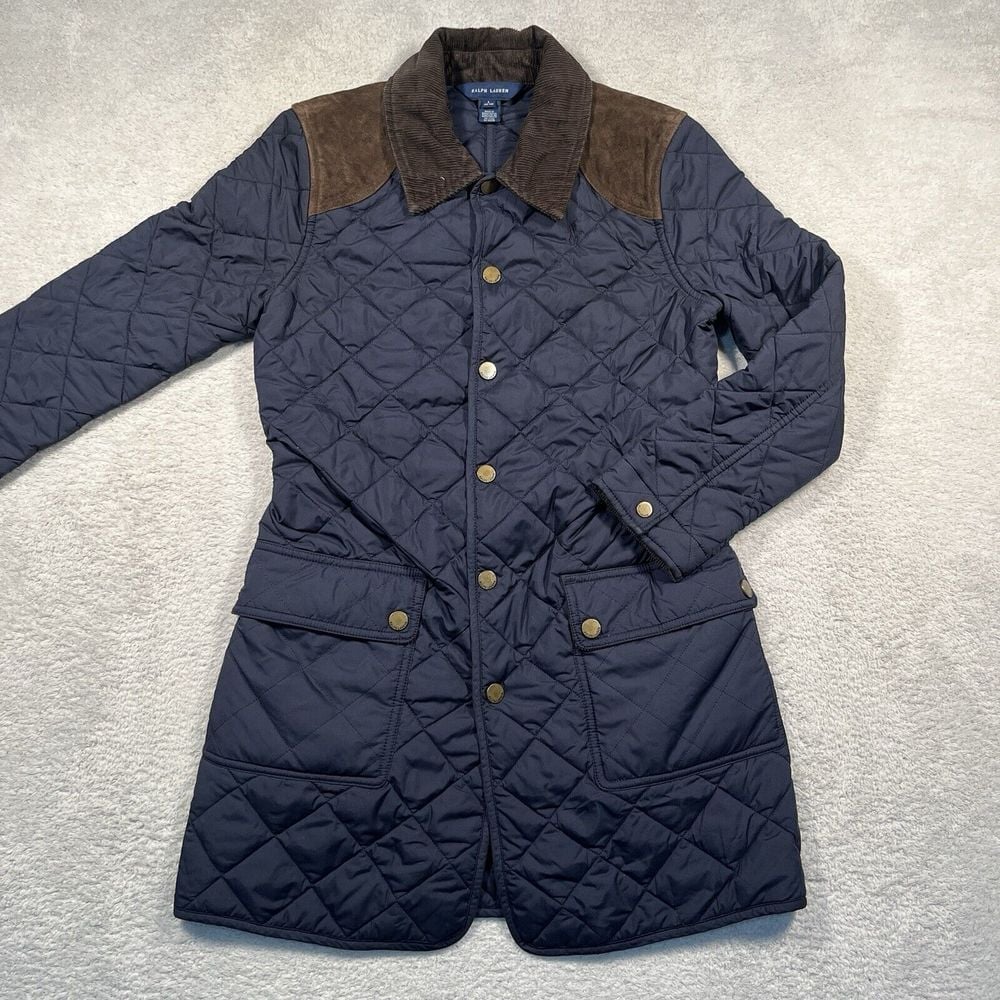 Ralph Lauren Girls Leather / Corduroy Trimmed Mid Length Puffer Coat L 12-14