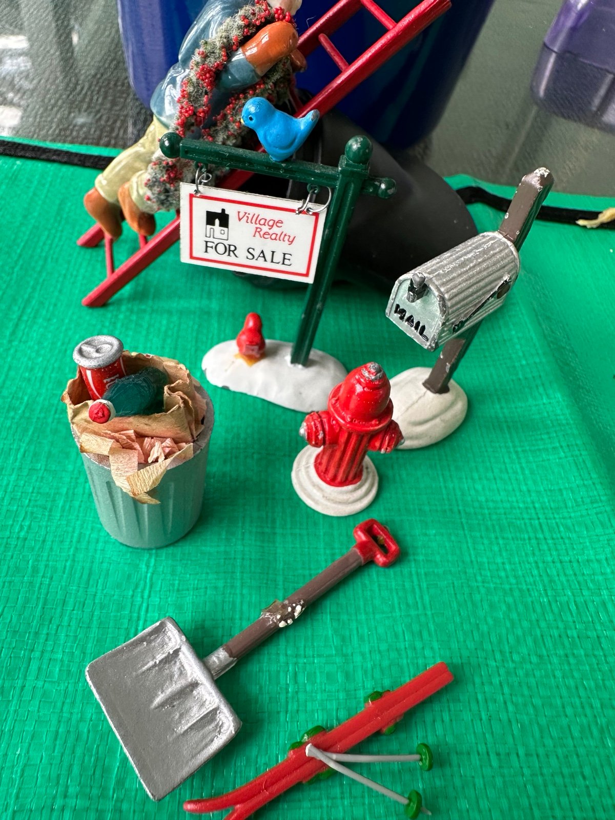 Dept.56 Christmas village lot-garbage can,hydrant ,wreath man on ladder,for sale