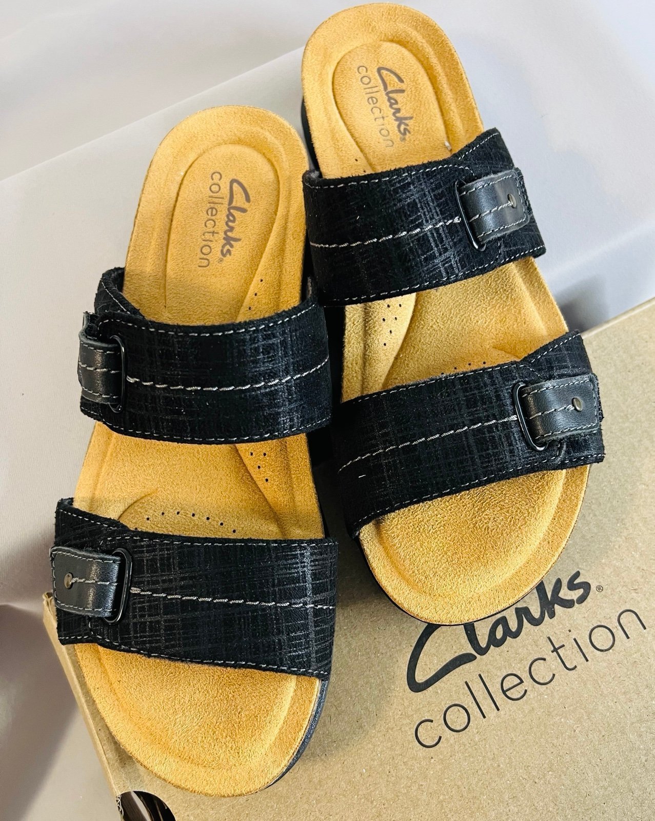 Clarks Collection Adjustable Slide Sandals Womens Sz 7.5 April Dusk Black Casual