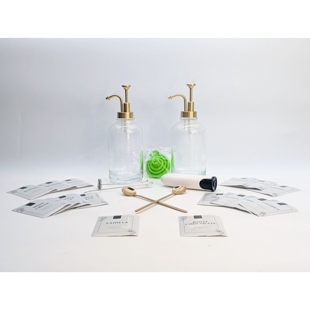 2 Glass Coffee Bar Syrup Dispenser with Labels, Milk Frother, and Funnel