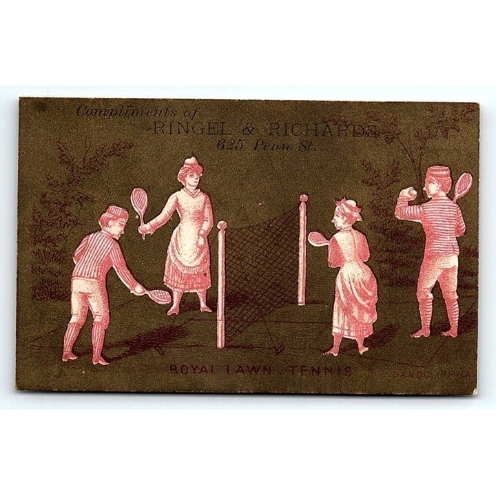 c1880 READING PA LAWN TENNIS RINGEL & RICHARDS BOOKS STATIONERY TRADE CARD P1909