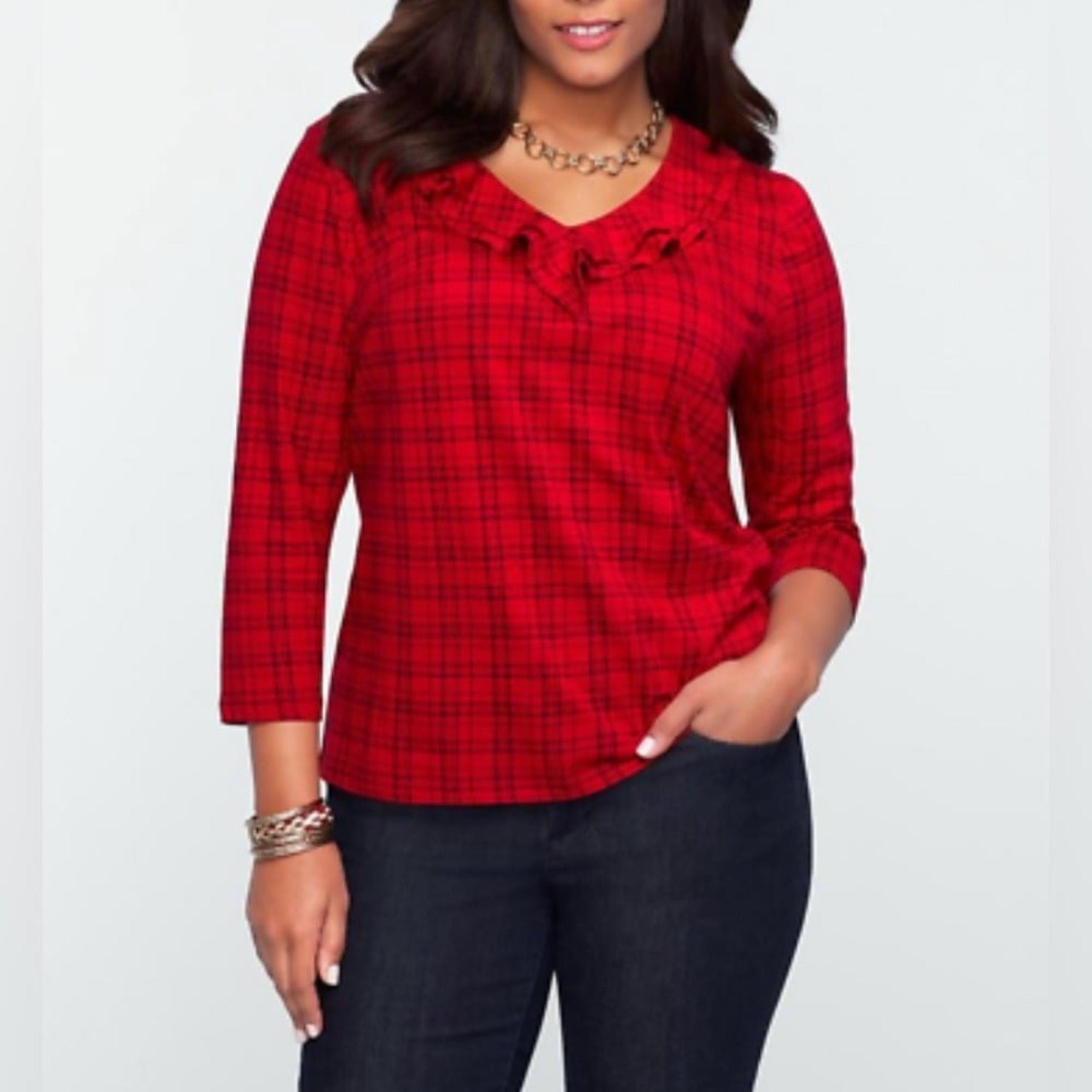 Womens Talbots Ruffled Neckline Plaid V-Neck Top Shirt