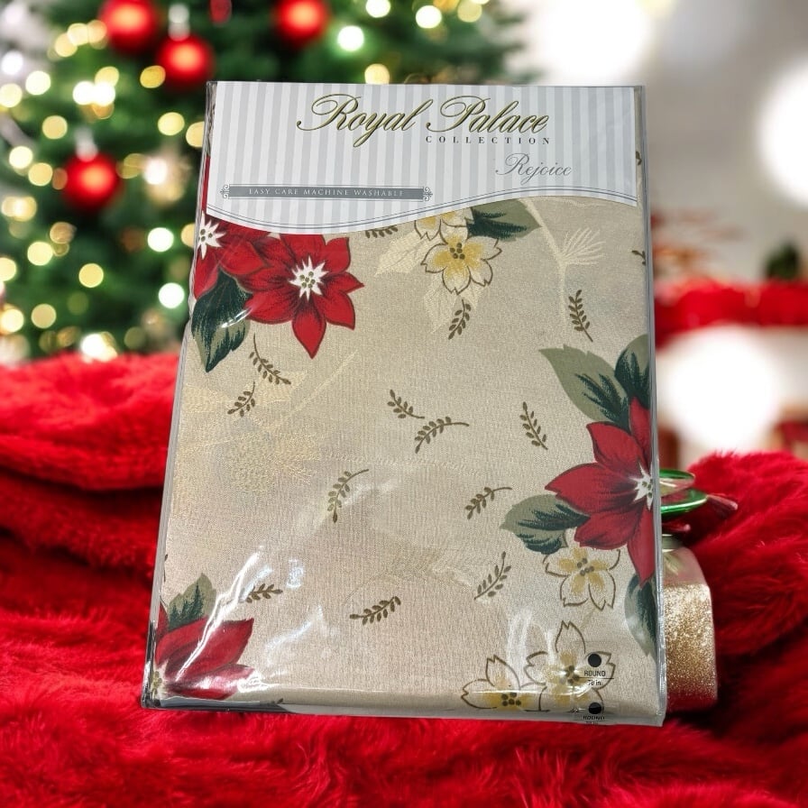 Royal Palace Christmas Holiday Tablecloth “Rejoice” Round 70” Tan w Poinsettias