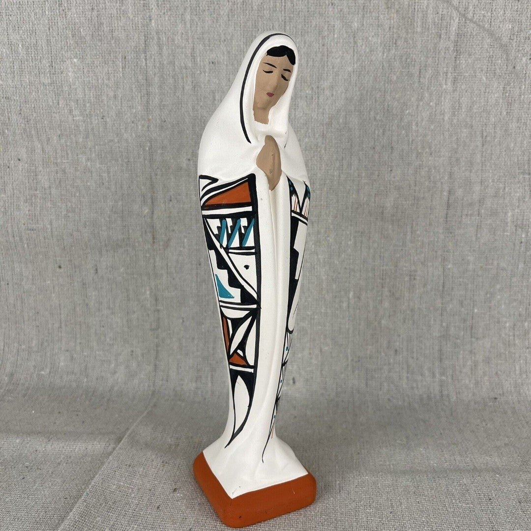 Navajo Virgin Mary Figurine Madonna Southwest 9” Hand Painted Signed Vintage