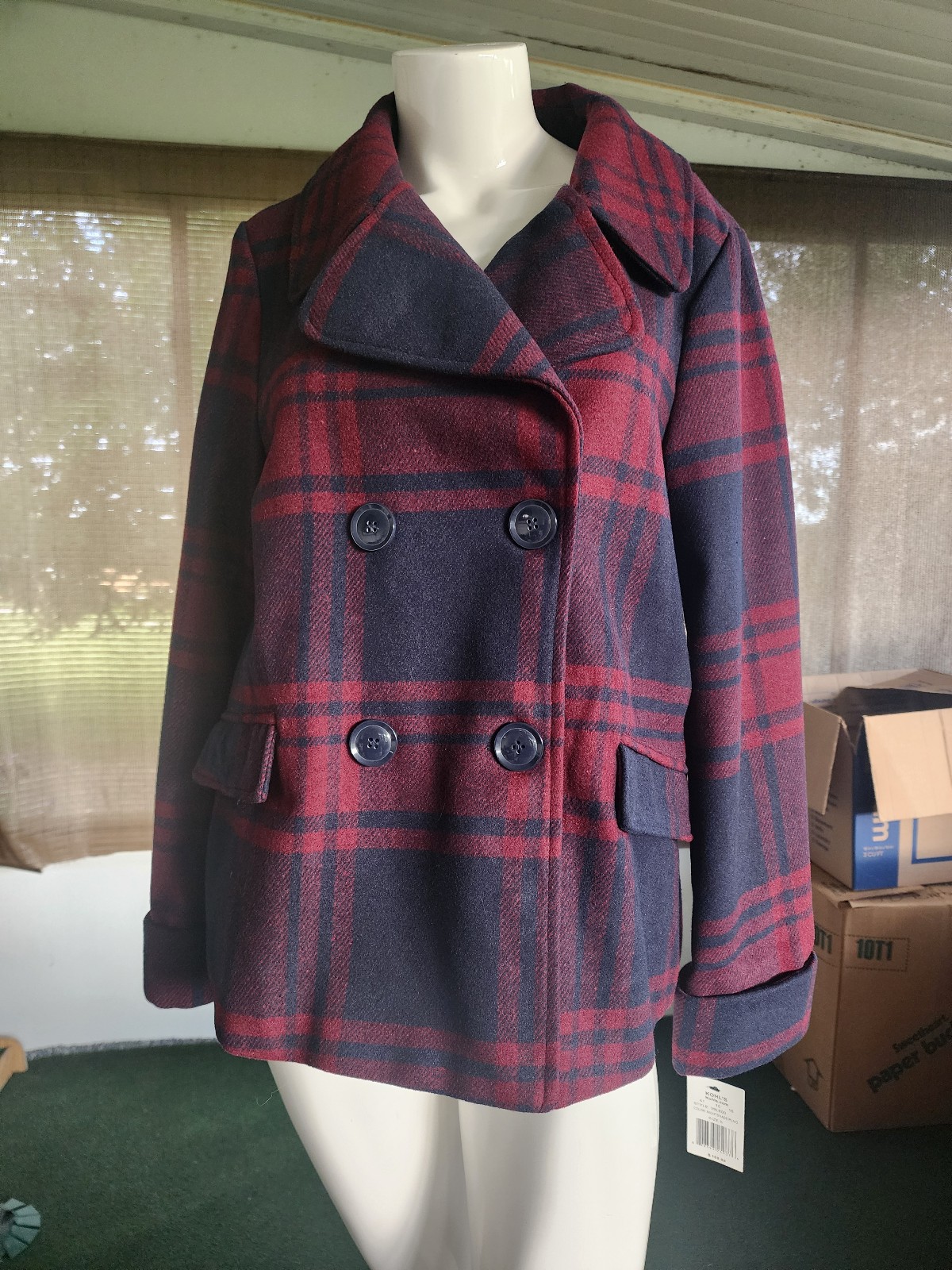 Larry Levine Red/Blue Plaid Peacoat S NWT