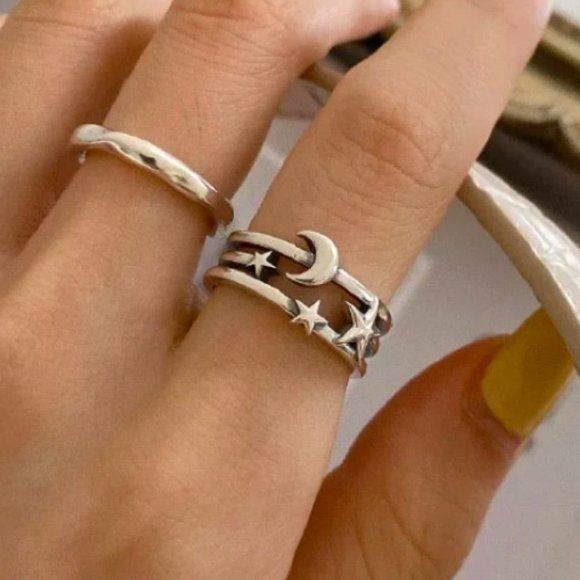 NEW 925 Silver Moon Star Resizable Ring
