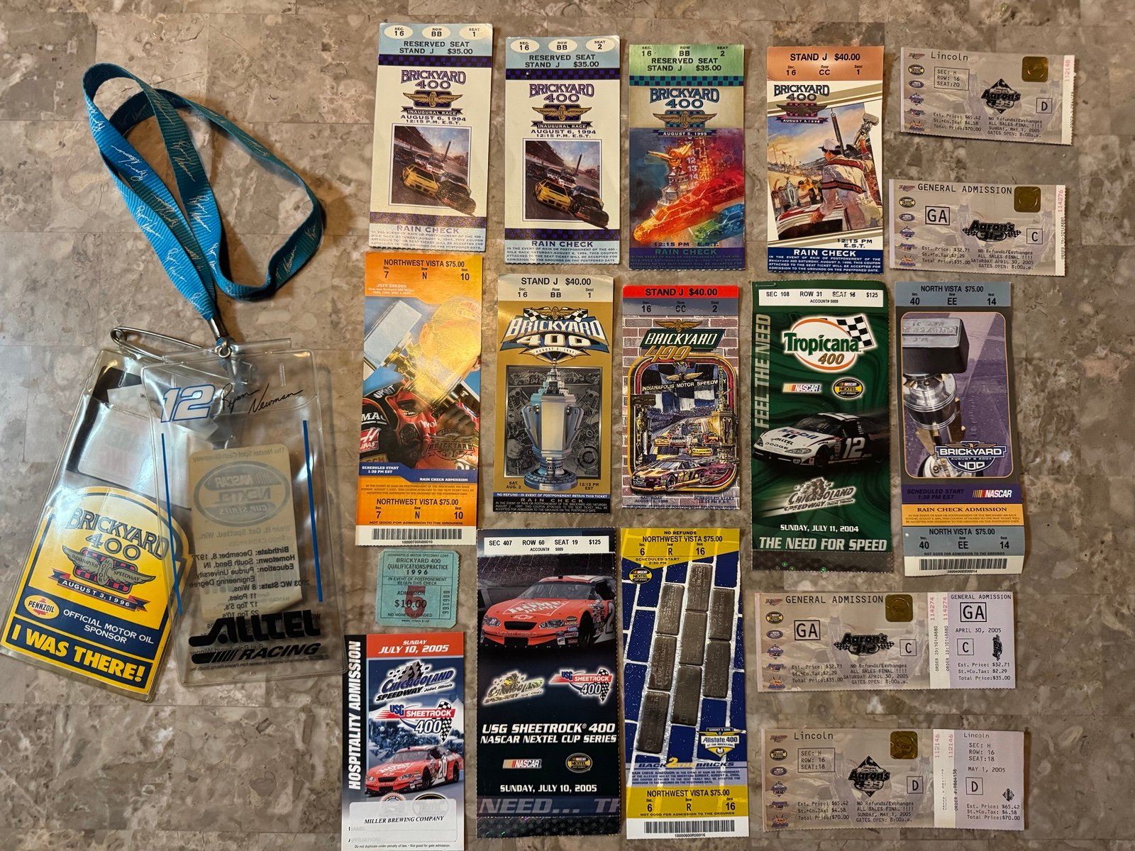 Brickyard 400 Ticket Stubs (16) 1994 1995 1996 1997 1998 2004 2005 2006 Gordon.